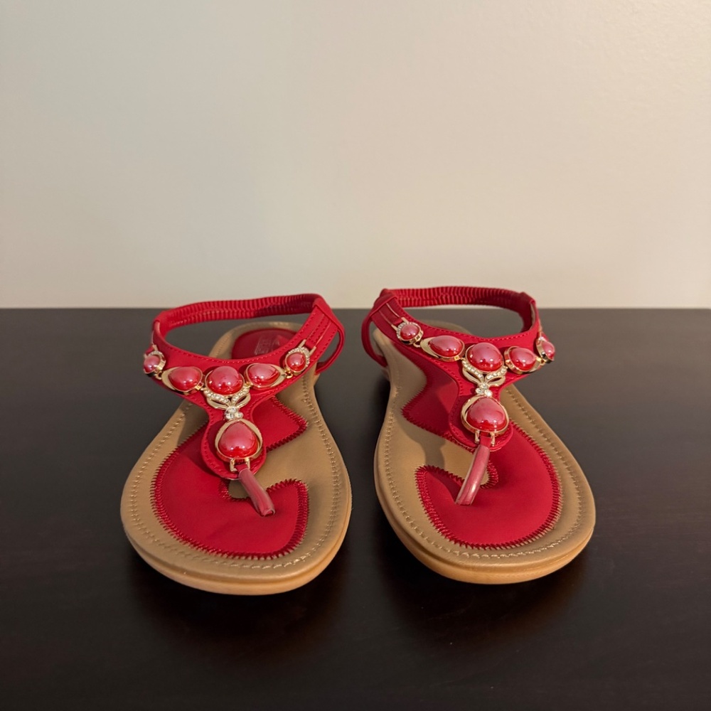 Shibever Boho Sandals NWOT Rhinestones Flat Walking Thong Sandals - Picture 3 of 10